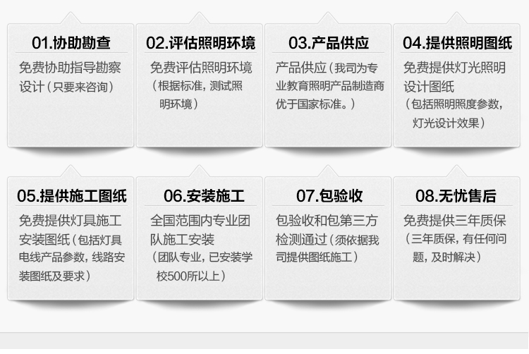 我司提供一站式教育照明解決方案：1、免費(fèi)協(xié)助指導(dǎo)勘察設(shè)計(jì)（只要來(lái)咨詢）2、免費(fèi)評(píng)估照明環(huán)境（根據(jù)標(biāo)準(zhǔn)，測(cè)試照明環(huán)境）3、產(chǎn)品供應(yīng)（我司為專業(yè)教育照明產(chǎn)品制造商，優(yōu)于國(guó)家標(biāo)準(zhǔn)。）4、免費(fèi)提供燈光照明設(shè)計(jì)圖紙（包括照明照度參數(shù)，燈光設(shè)計(jì)效果）5、免費(fèi)提供燈具施工安裝圖紙（包括燈具/電線產(chǎn)品參數(shù)，線路安裝圖紙及要求）6、全國(guó)范圍內(nèi)專業(yè)團(tuán)隊(duì)施工安裝（團(tuán)隊(duì)專業(yè)，已安裝學(xué)校500所以上）7、包驗(yàn)收和包第三方檢測(cè)通過(guò)（須依據(jù)我司提供圖紙施工）8、免費(fèi)提供三年質(zhì)保（三年質(zhì)保，有任何問(wèn)題，及時(shí)解決）